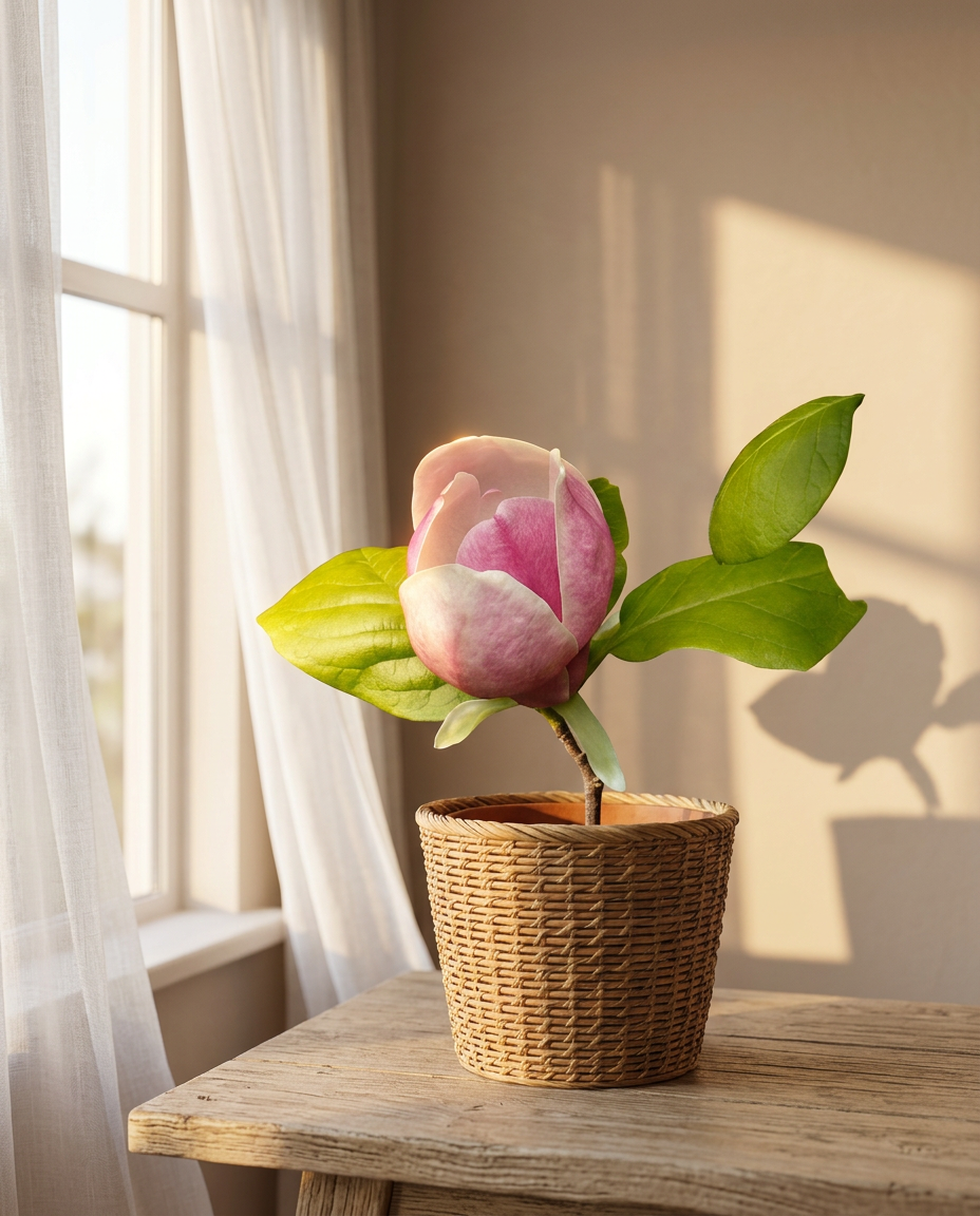 Star magnolia in bloom beside a sunlit window in a calm living room