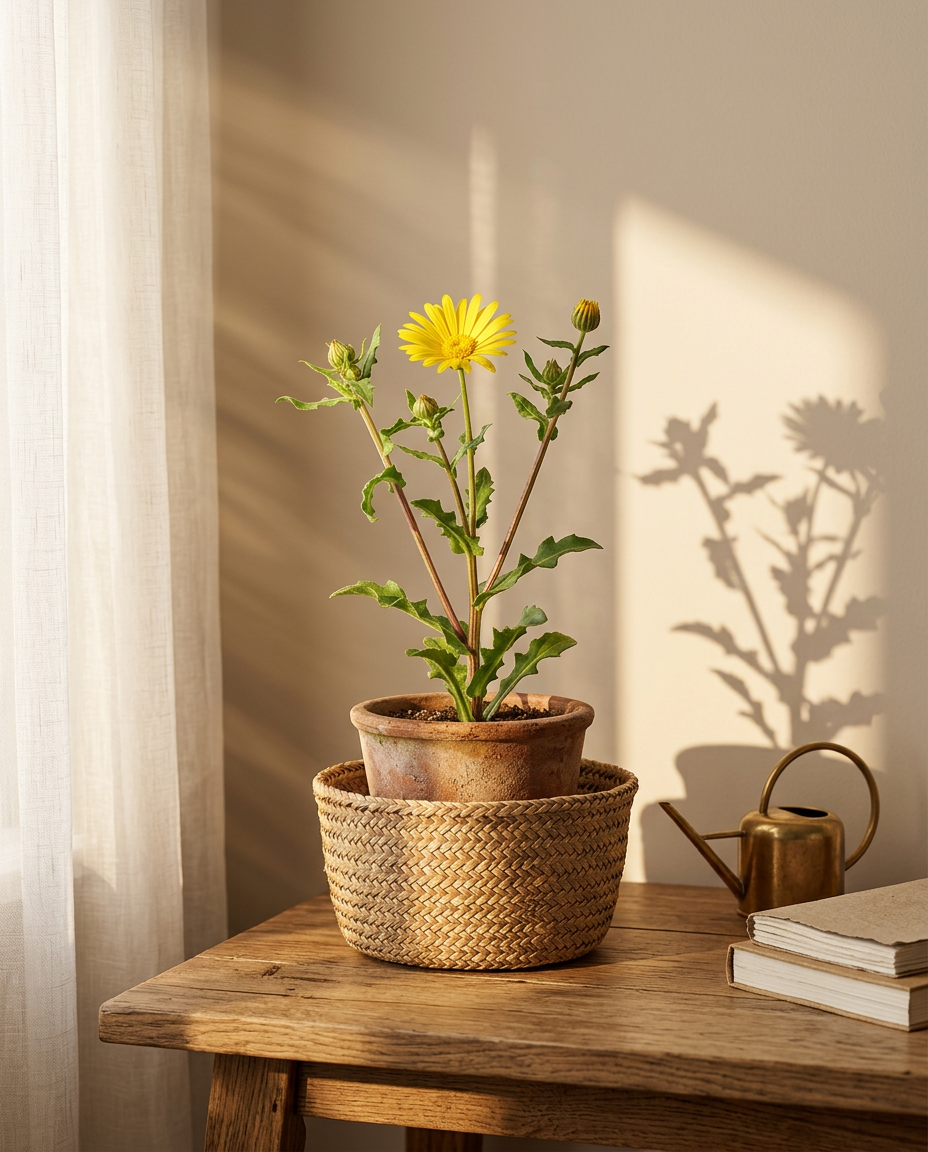 Marigolds photographed in a sunlit interior in a small pot on a windowsill
