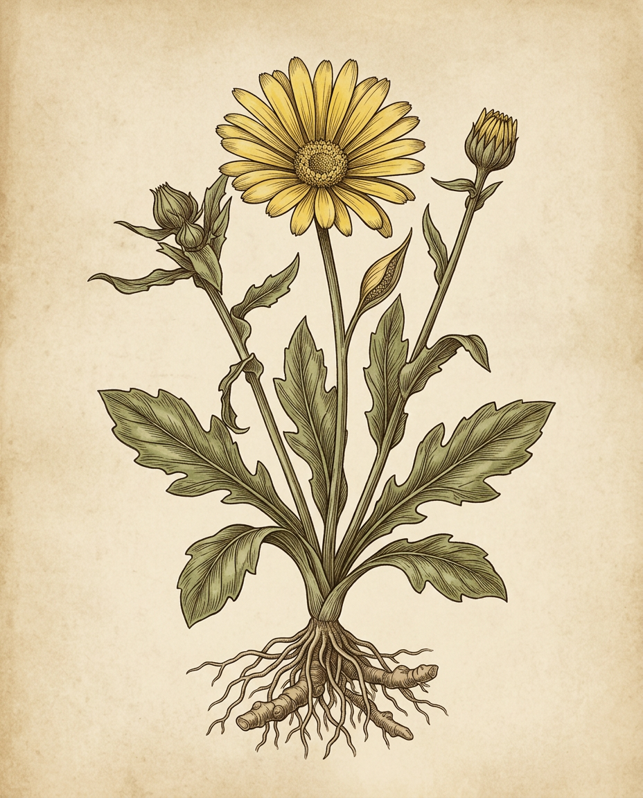 Botanical plate — Marigold, dense composite flowers in orange and yellow with feathery foliage