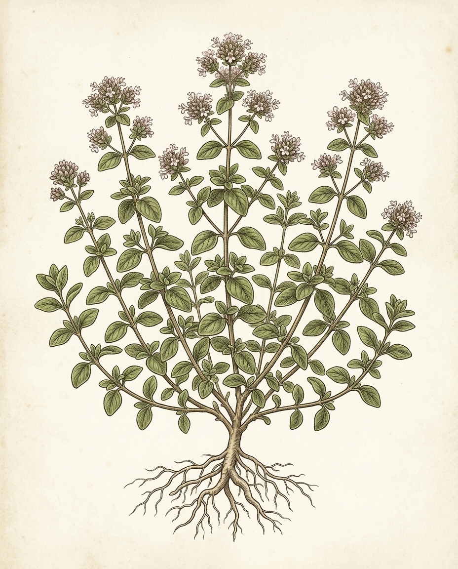 Botanical plate — Marjoram herb with small oval leaves and delicate flowering stems
