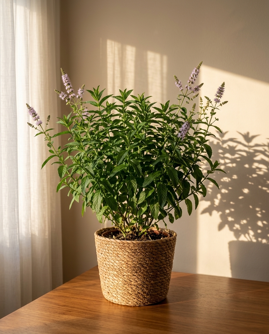 Garden mint photographed in a sunlit interior on a kitchen windowsill