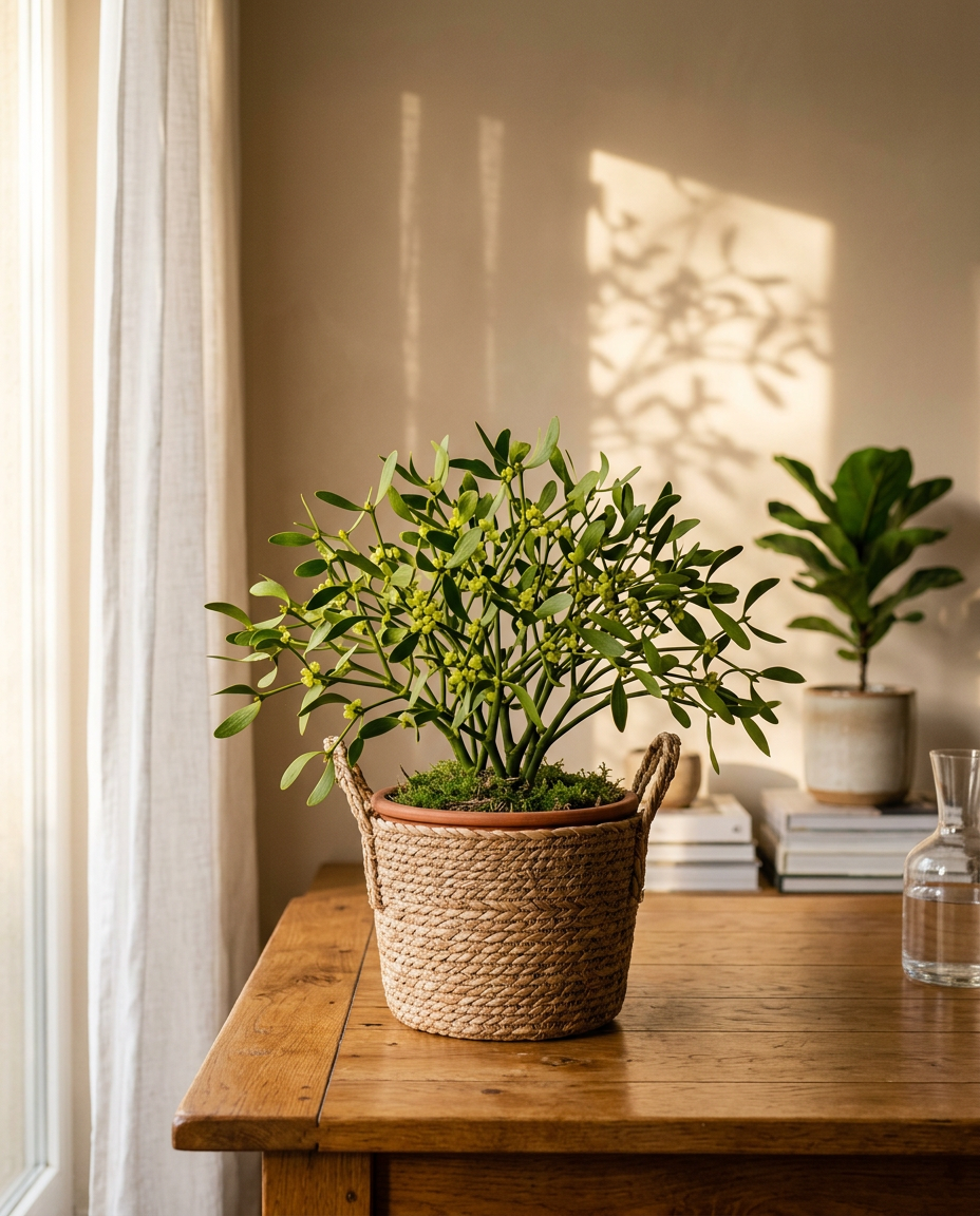 Mistletoe sprig photographed in a sunlit interior beside a holiday wreath