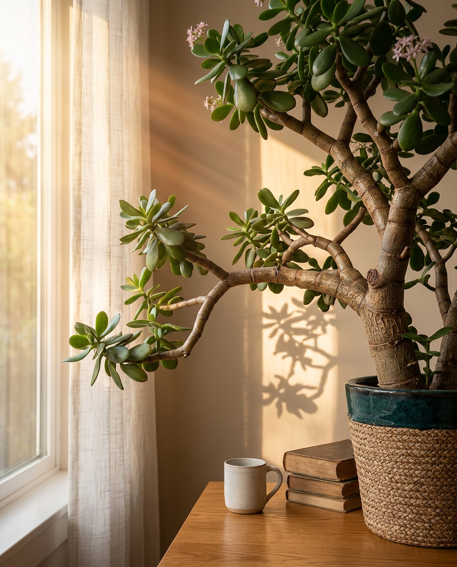 Money Tree photographed in a sunlit interior beside a wooden side table