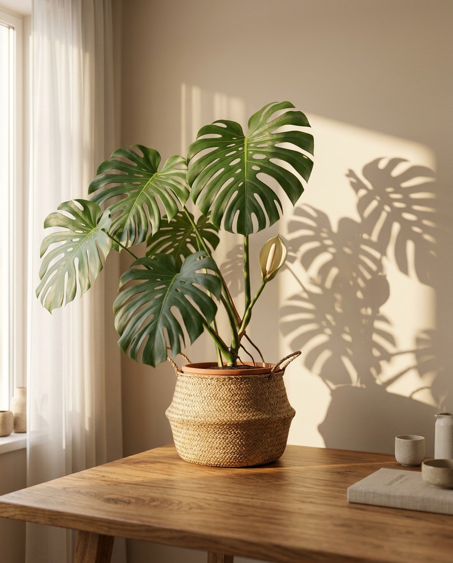 Monstera in a sunlit Japandi interior — Monstera deliciosa potted on a warm wooden table