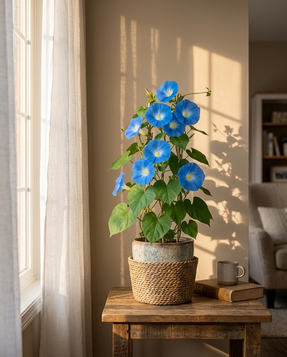 Morning glory vine photographed in a sunlit interior on a trellis