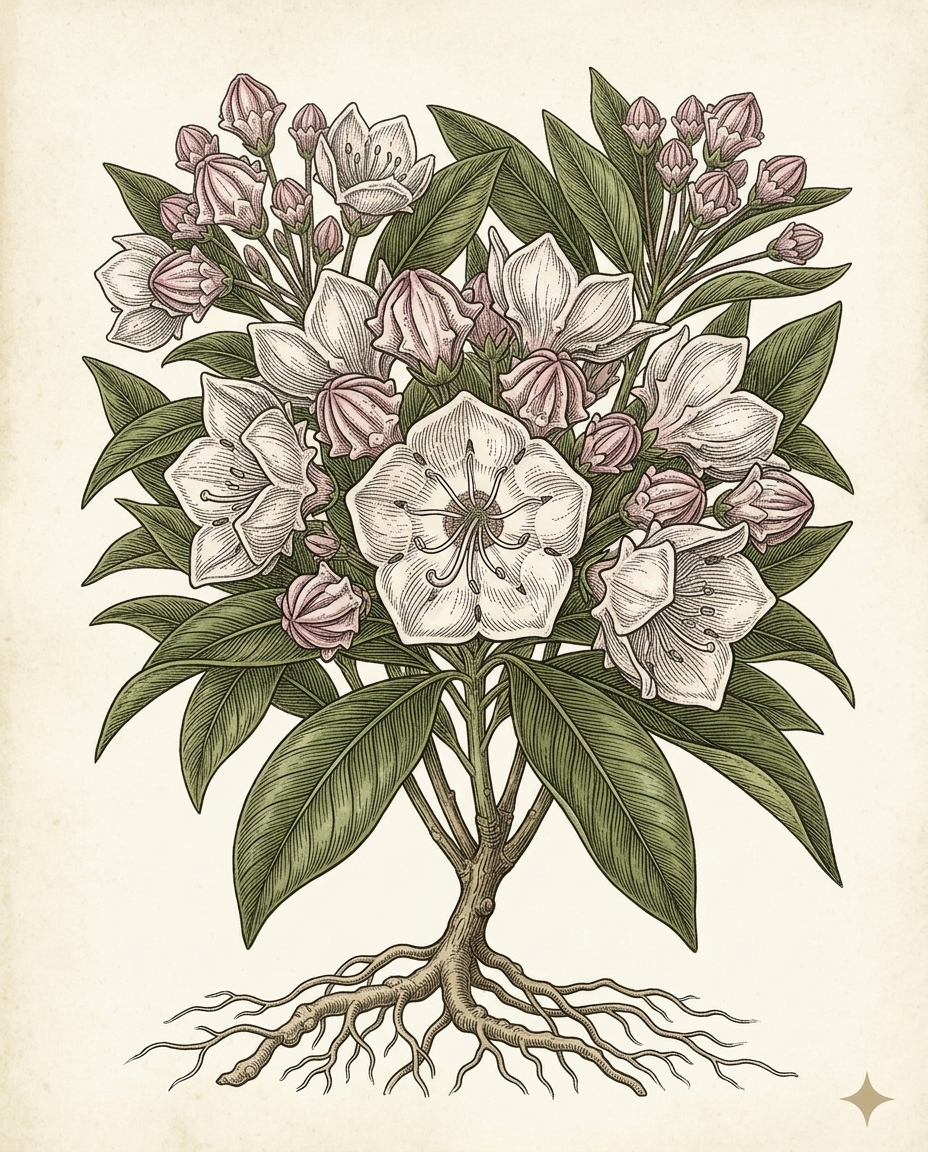 Botanical plate — Mountain Laurel rosette with pale pink flowers and glossy green leaves