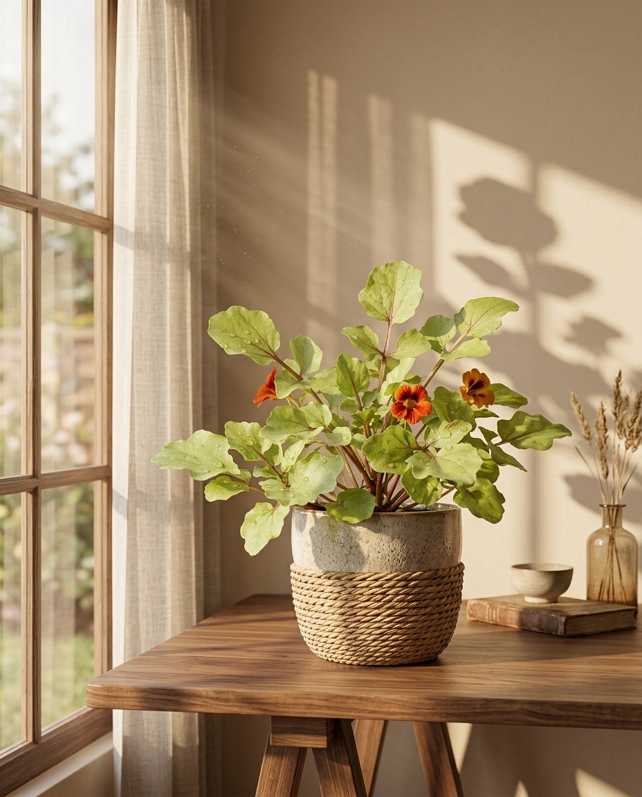 Nasturtium photographed trailing from a windowsill terracotta pot in a sunlit kitchen