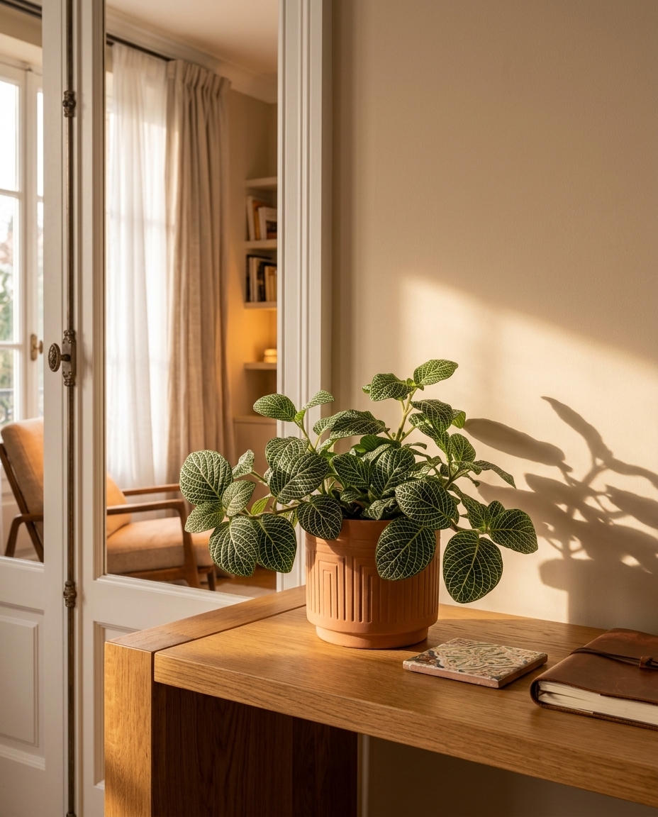 Nerve Plant photographed in a glass terrarium on a sunlit shelf in a modern interior