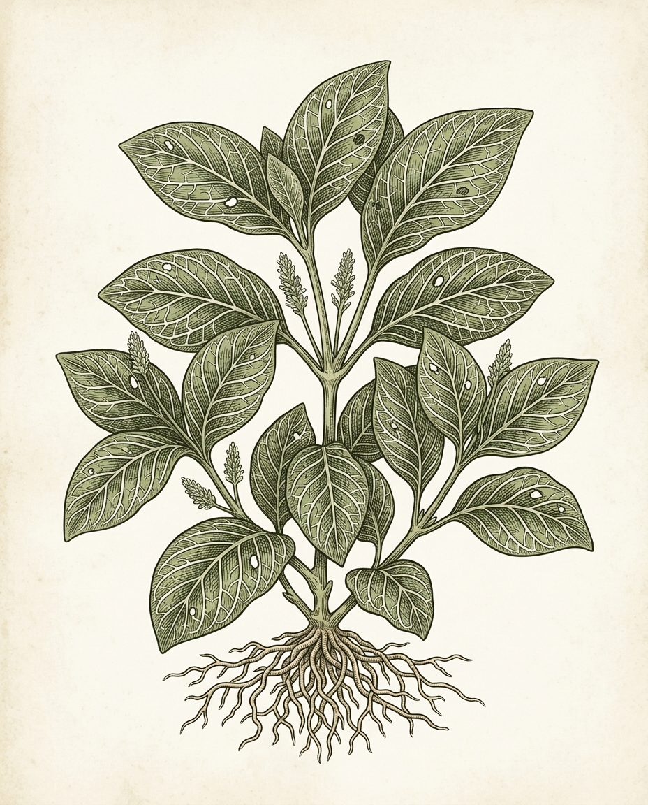 Botanical plate — Nerve Plant with oval olive-green leaves intricately veined with bright white networks