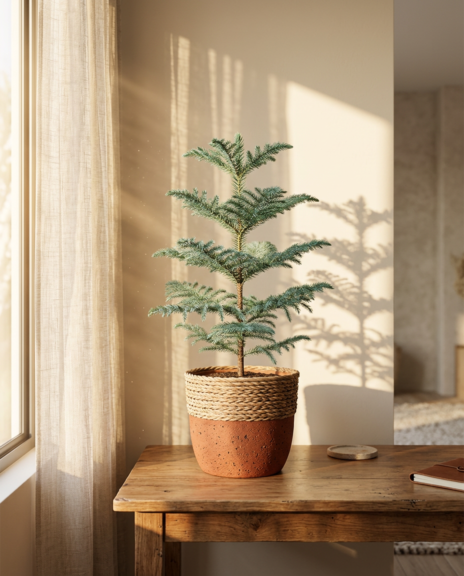 Norfolk Island Pine photographed in a sunlit interior in a terracotta pot