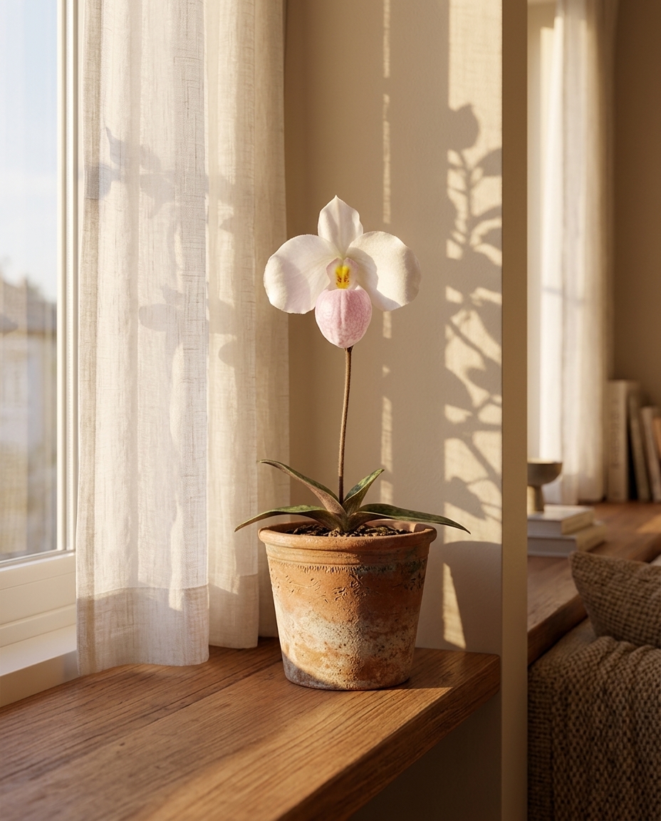 Orchid in a sunlit Japandi interior — Phalaenopsis spp. potted on a warm wooden table