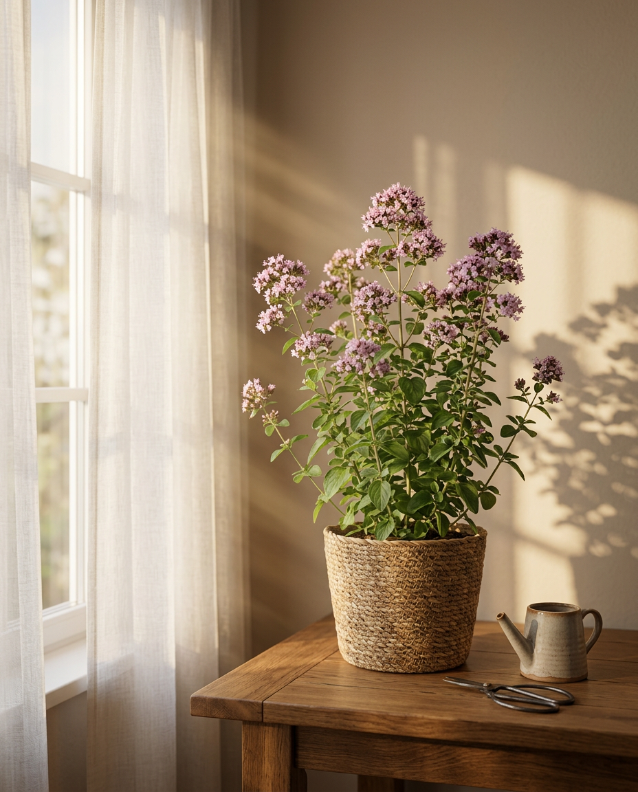 Oregano photographed in a sunlit interior in a small terracotta pot on a kitchen sill