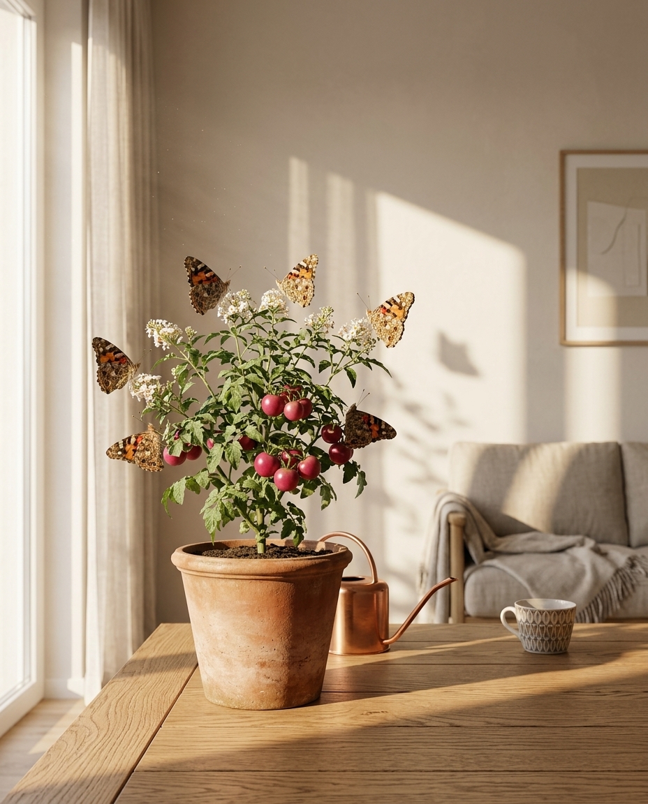 Painted Lady succulent photographed on a sunlit windowsill in a small terracotta pot