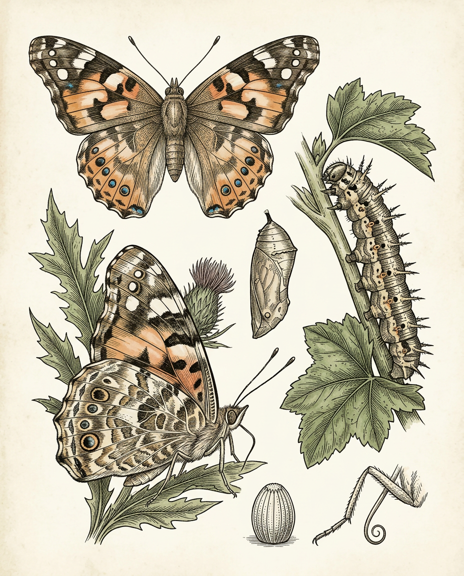 Botanical plate — Painted Lady with copper-tinted rosette of fleshy spoon-shaped leaves