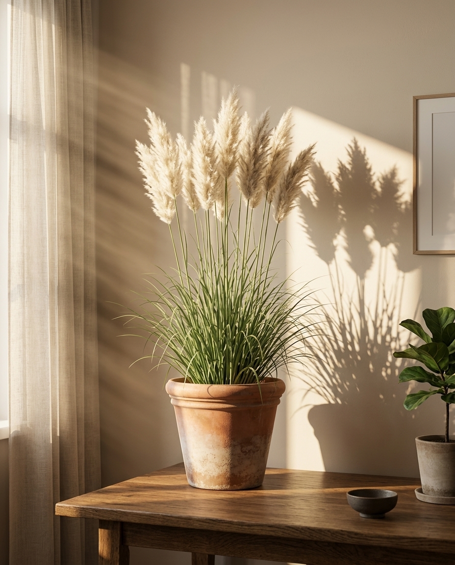 Dried pampas grass plumes in a tall floor vase in a bright minimalist room