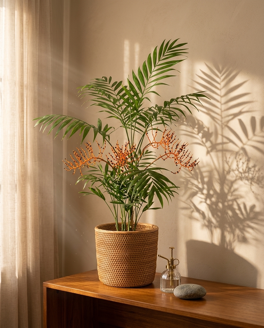 Parlor Palm in a sunlit Japandi interior — Chamaedorea elegans potted on a warm wooden table