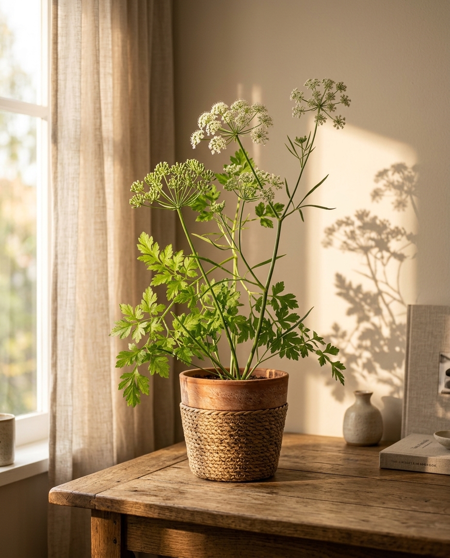 Parsley photographed in a sunlit interior in a small herb pot on a kitchen sill