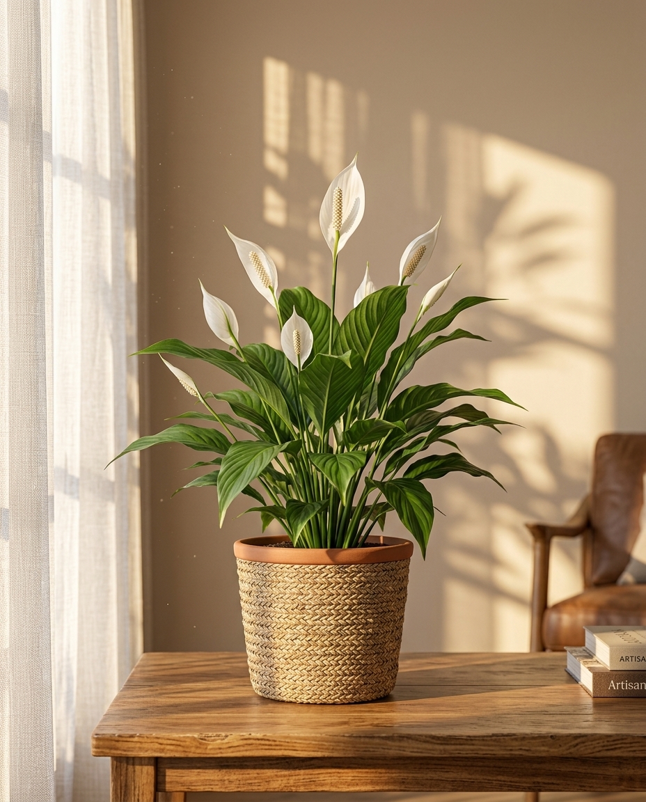 Peace Lily in a sunlit Japandi interior — Spathiphyllum wallisii potted on a warm wooden table