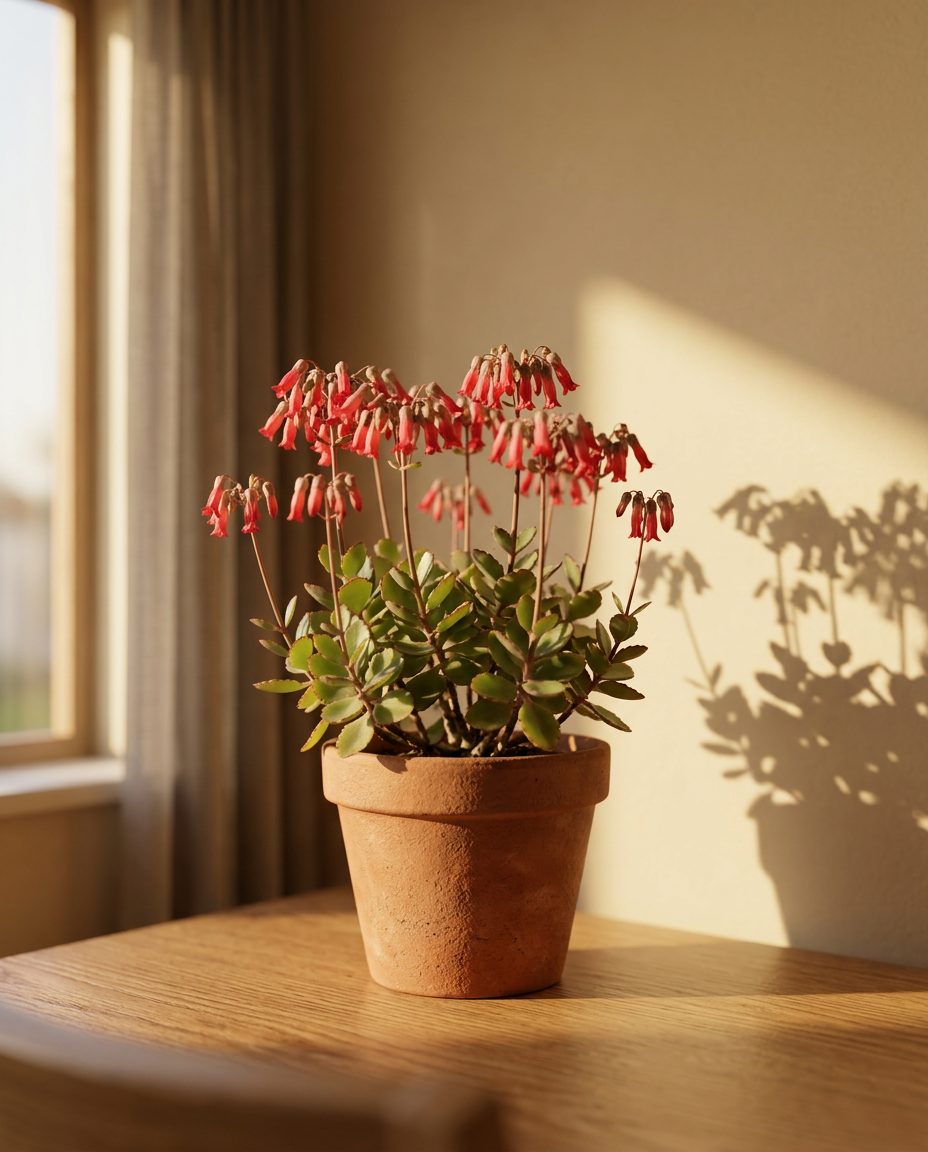 Pencil Cactus photographed in a terracotta pot beside a sunlit window in a modern interior