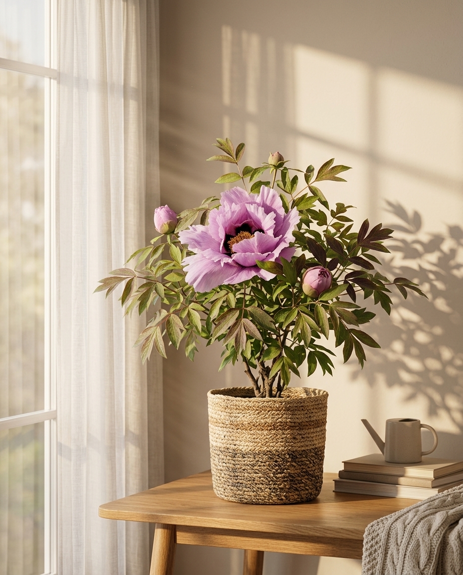 Peony stems photographed in a sunlit interior in a glass vase