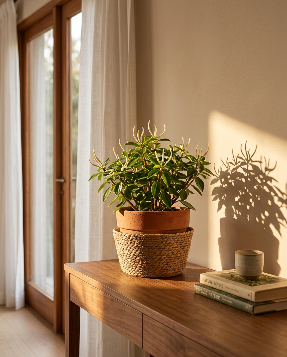 Peperomia photographed in a sunlit interior on a wooden shelf