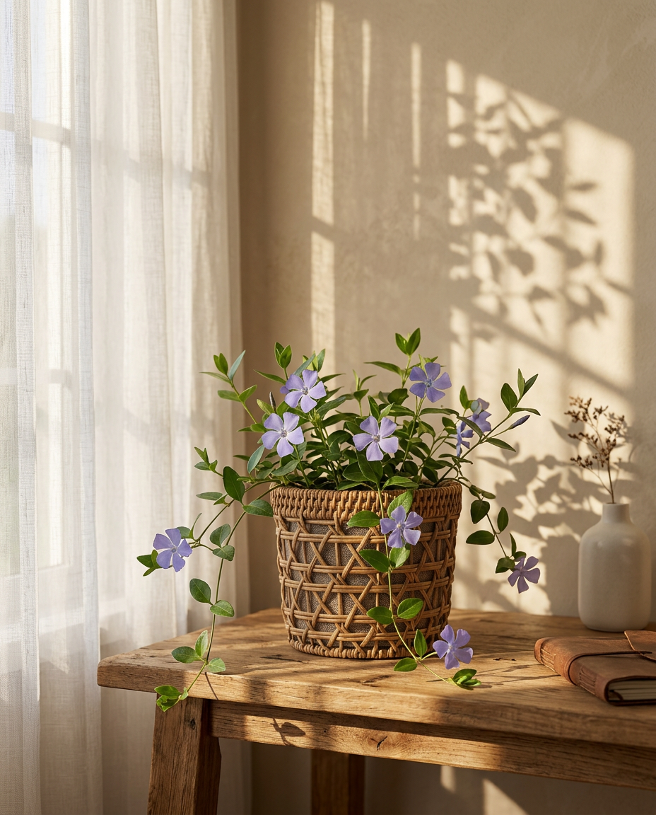 Periwinkle photographed in a sunlit outdoor garden as a groundcover under trees