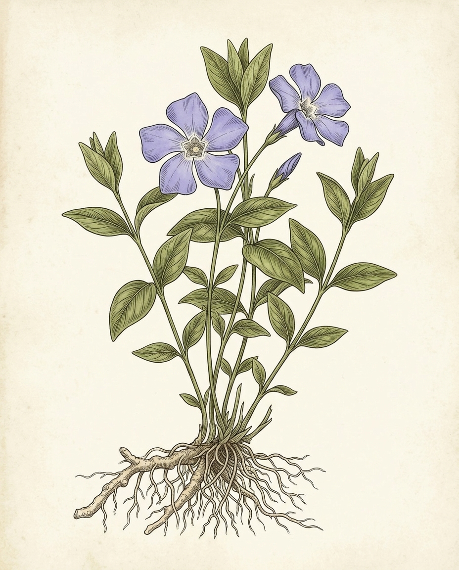 Botanical plate — Periwinkle, glossy lance-shaped evergreen leaves with five-petalled lavender-blue flowers