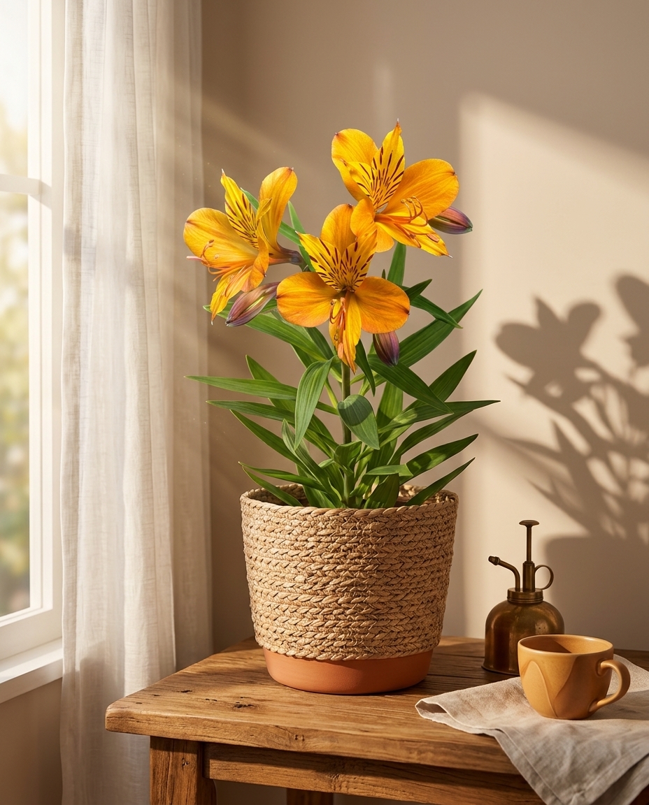 Peruvian Lily in a sunlit Japandi interior — Alstroemeria arranged on a warm wooden table