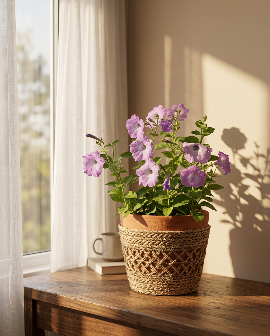 Petunia photographed in a sunlit interior in a hanging basket