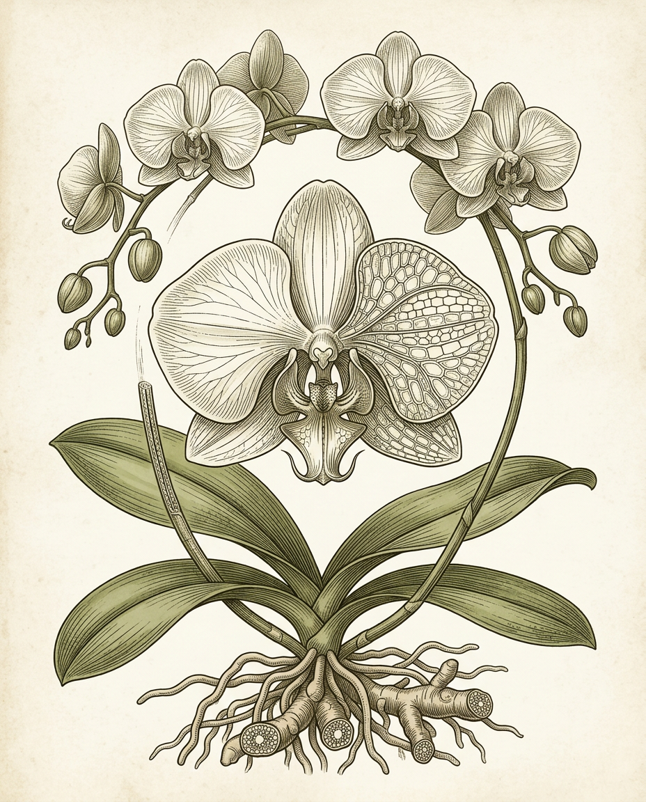 Botanical plate — Phalaenopsis orchid with arching flower spike and white/pink blooms