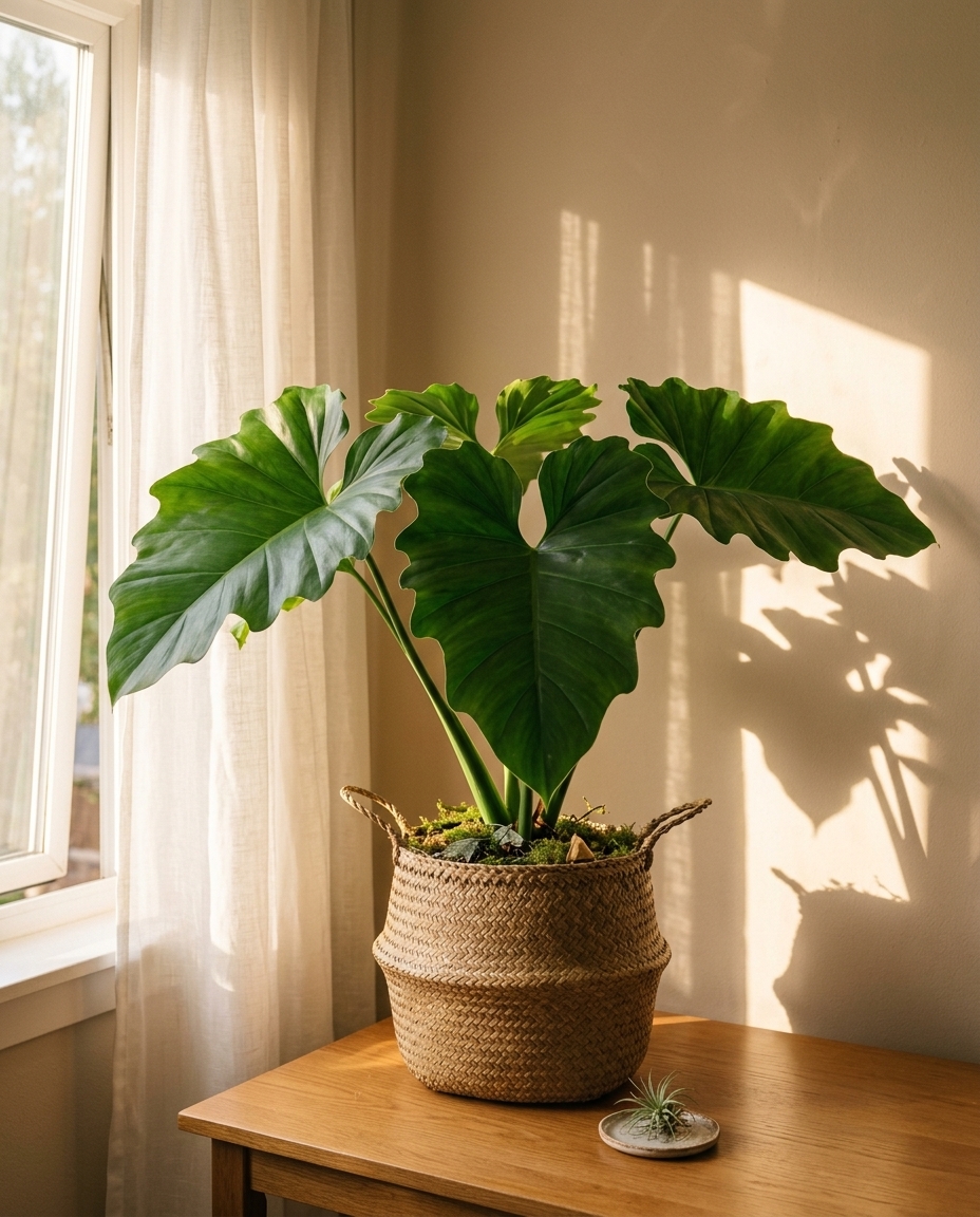 Philodendron in a sunlit Japandi interior — Philodendron hederaceum potted on a warm wooden table