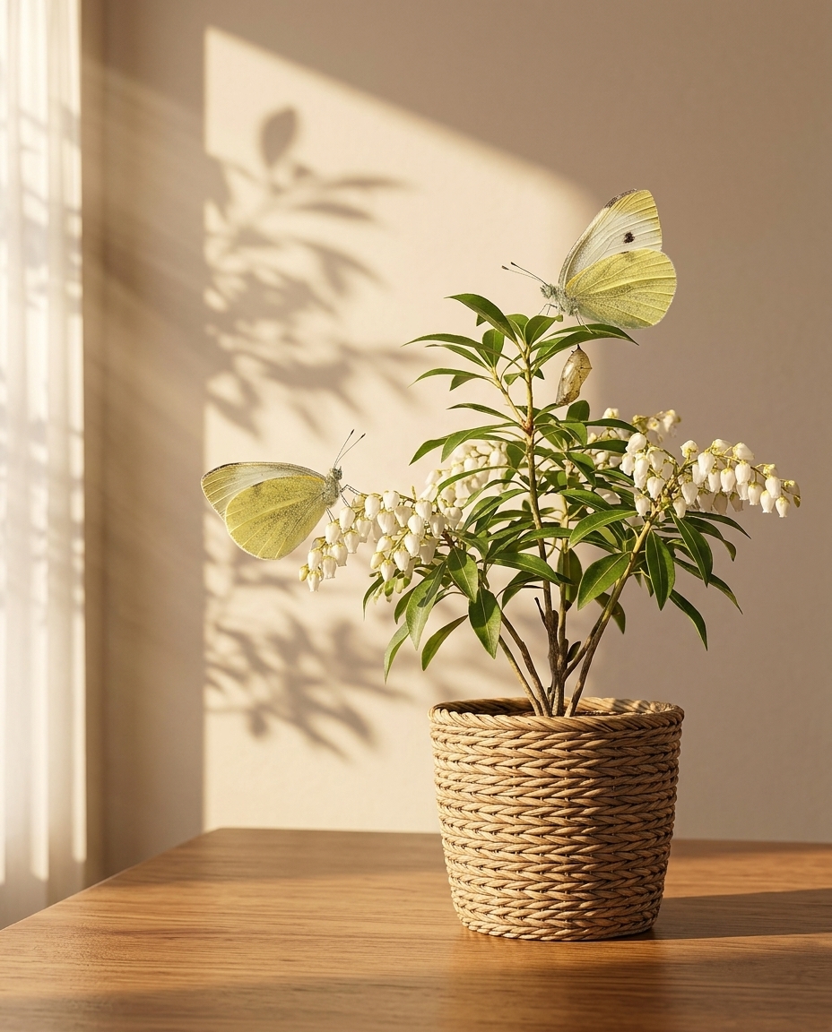 Pieris photographed flowering against a stone garden wall in dappled spring light