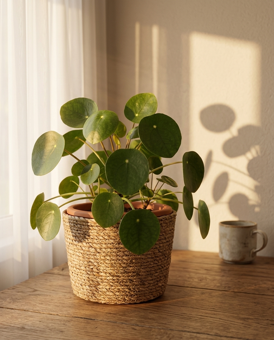 Pilea peperomioides photographed in a sunlit interior on a wooden side table