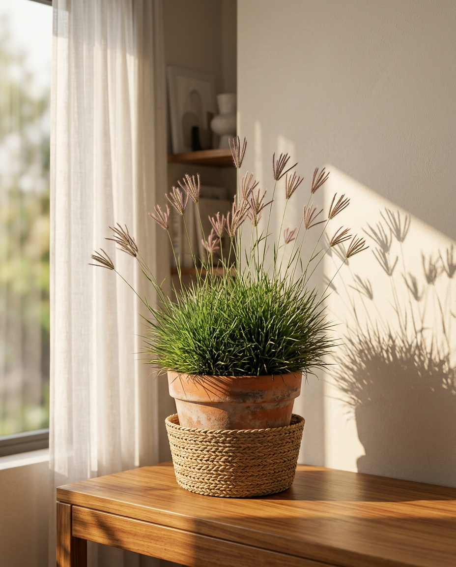 Plush Plant succulent photographed on a sunlit windowsill in a small grey concrete pot