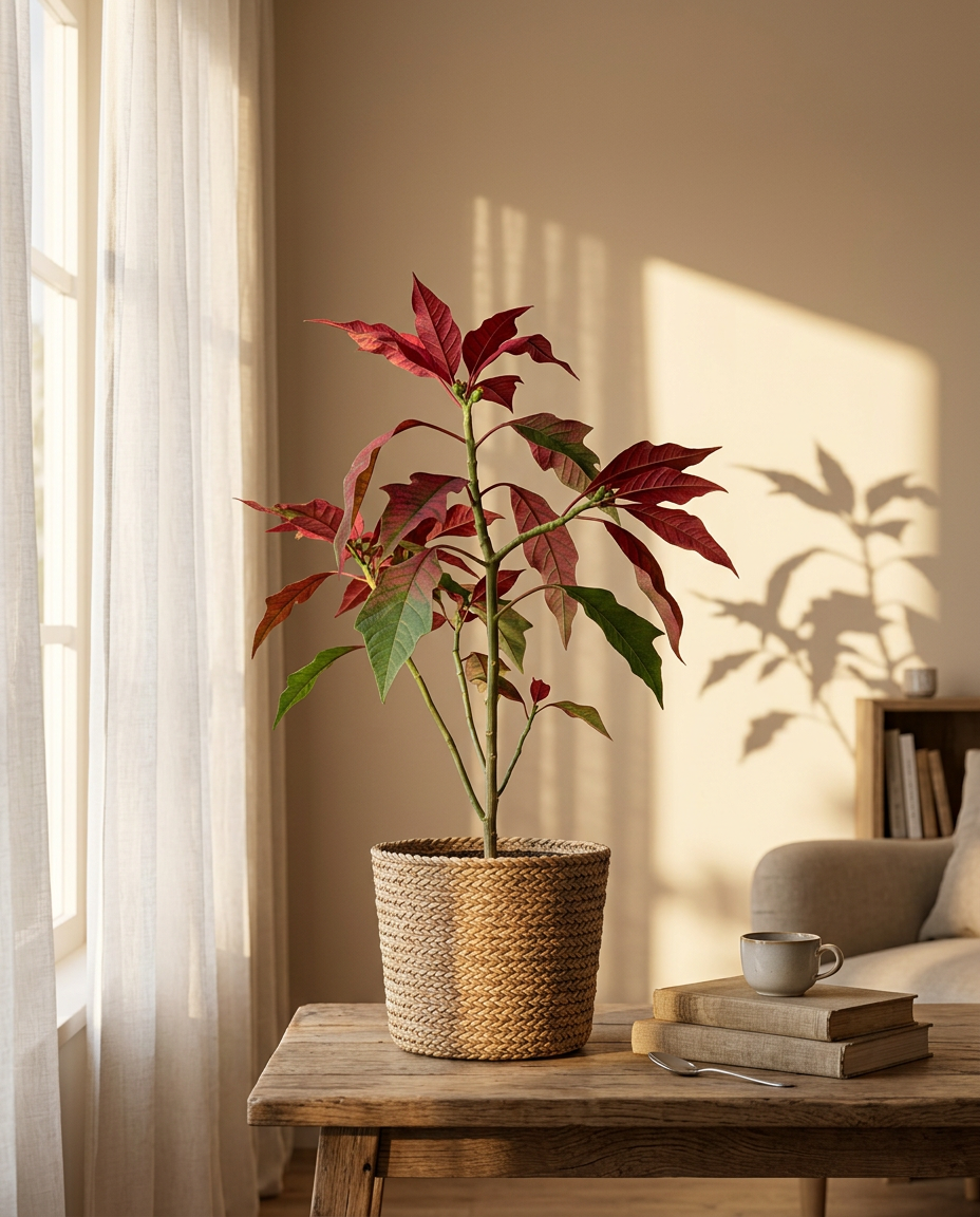 Poinsettia in a sunlit Japandi interior — Euphorbia pulcherrima potted on a warm wooden table