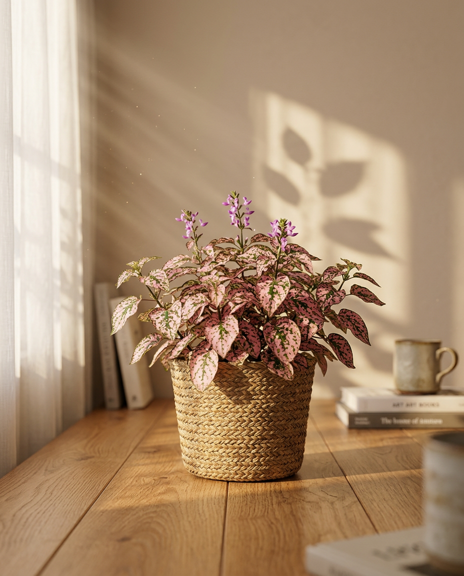 Polka dot plant photographed in a sunlit interior on a small wooden side table