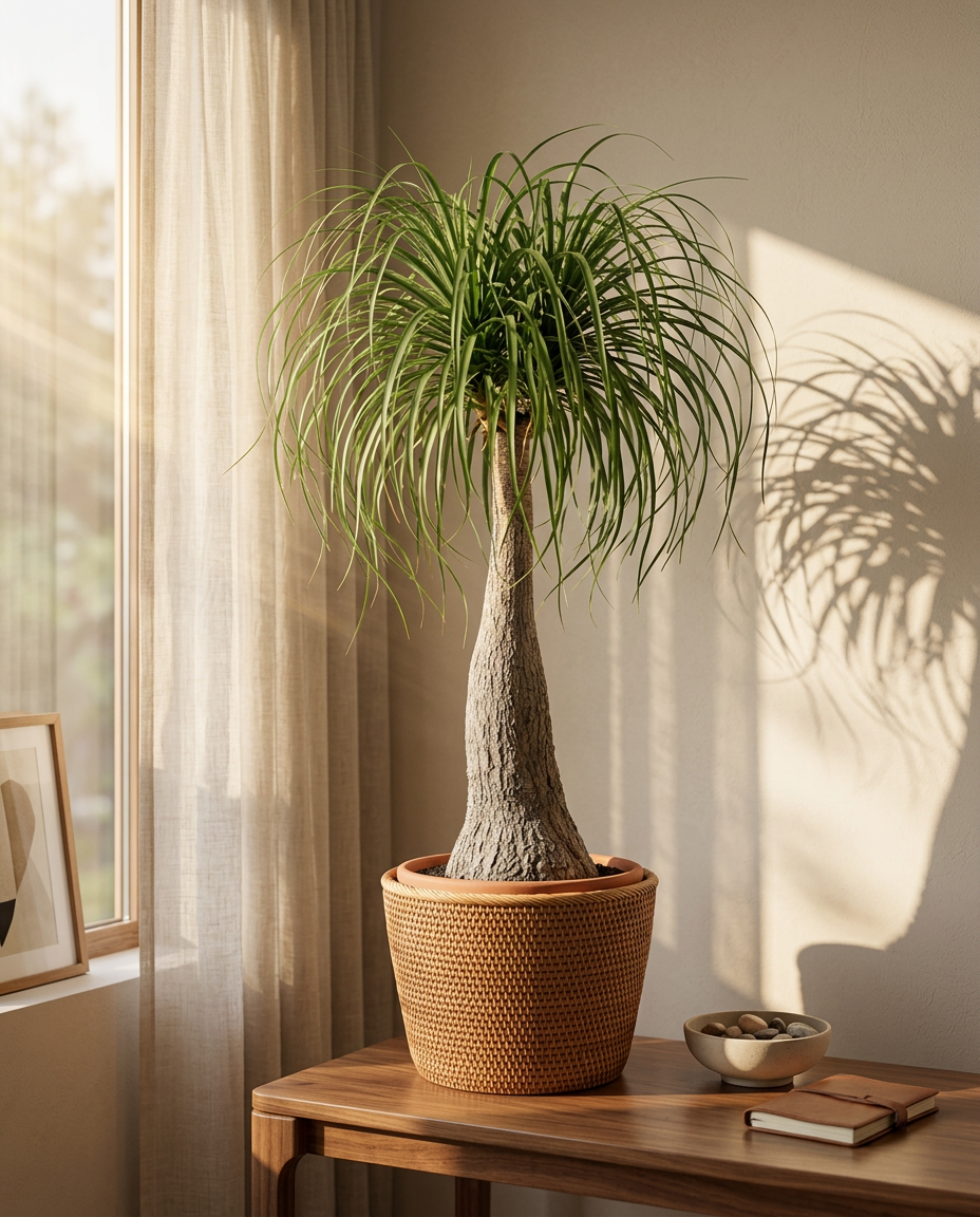 Ponytail Palm in a sunlit Japandi interior — Beaucarnea recurvata potted on a warm wooden table