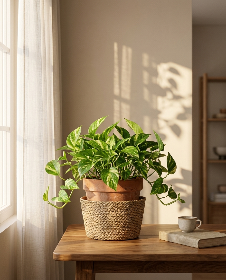 Pothos in a sunlit Japandi interior — Epipremnum aureum potted on a warm wooden table