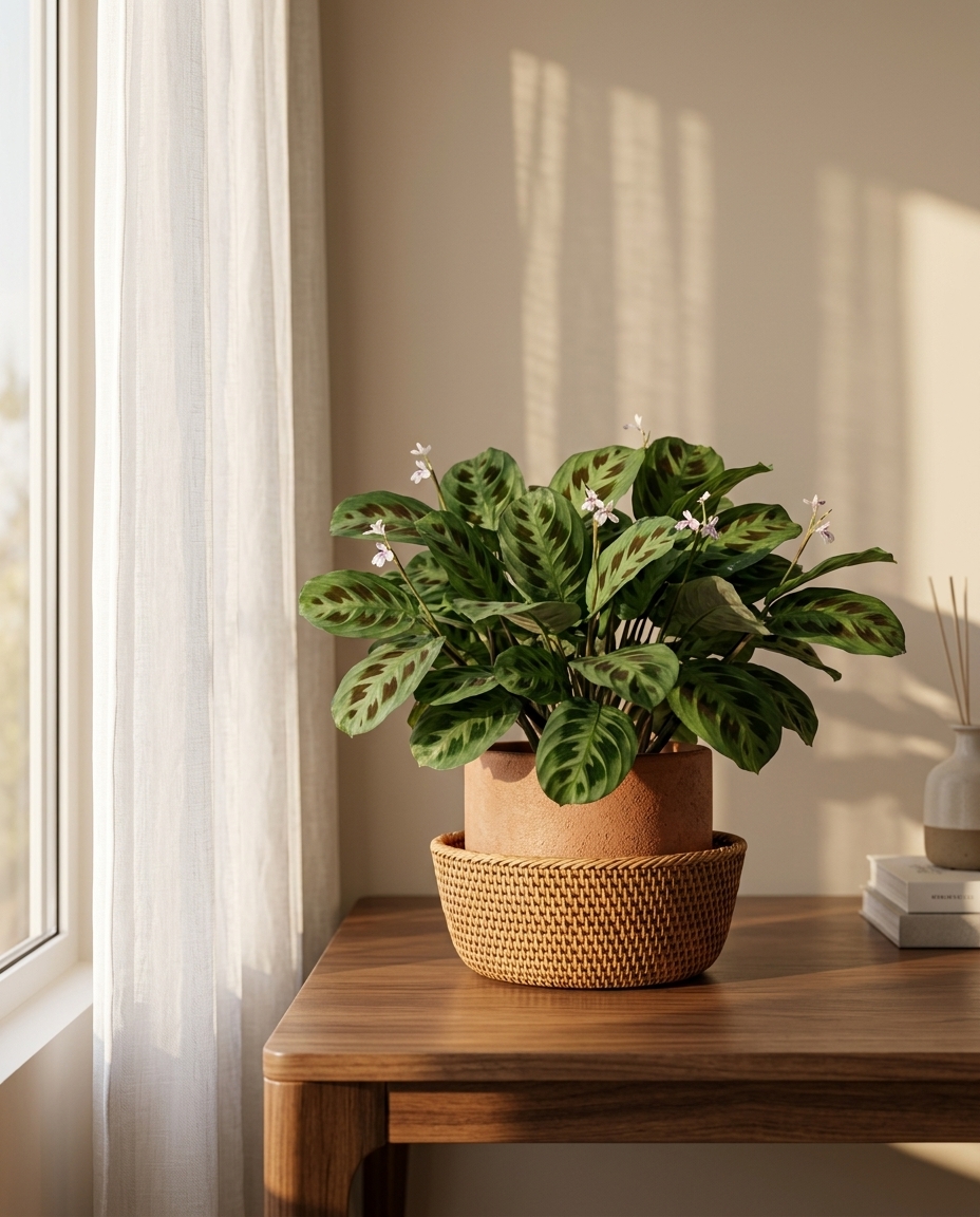 Prayer Plant in a sunlit Japandi interior — Maranta leuconeura potted on a warm wooden table
