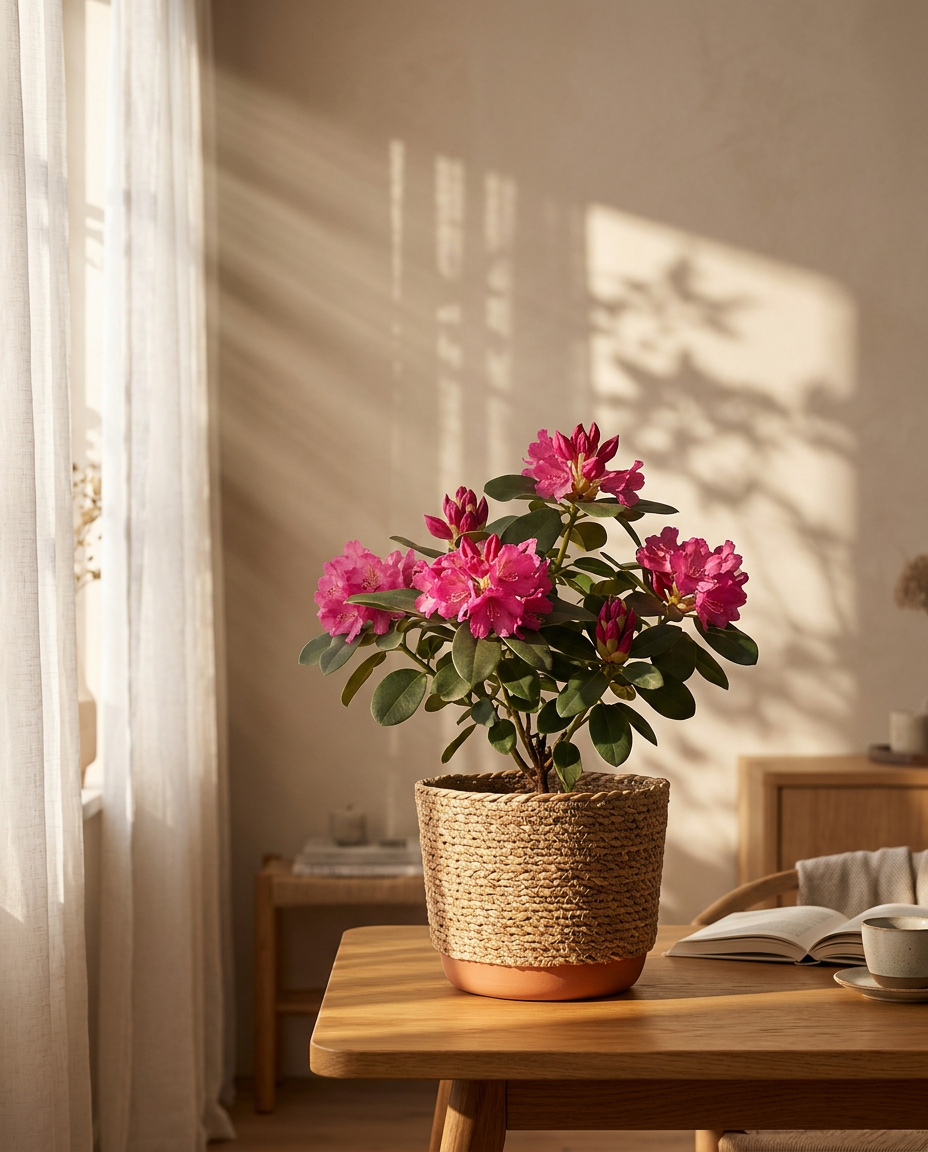 Rhododendron photographed in a sunlit shaded garden border with woodland trees