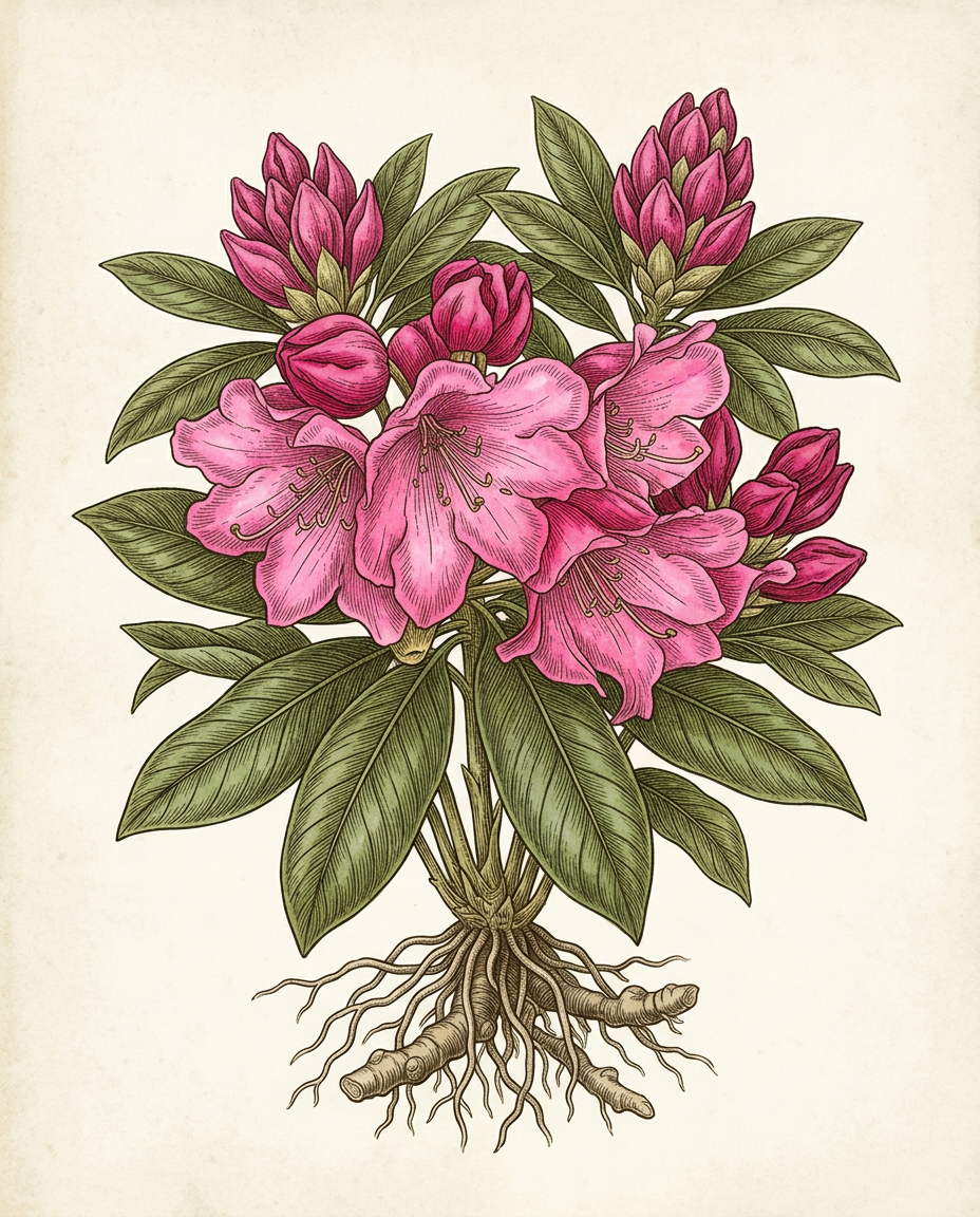 Botanical plate — Rhododendron, large clusters of funnel-shaped pink-purple flowers above leathery dark green evergreen leaves on a tall woody shrub