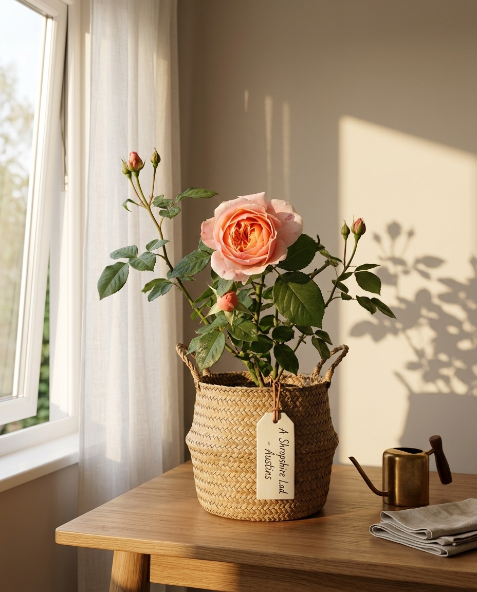 Rose in a sunlit Japandi interior — Rosa spp. arranged on a warm wooden table