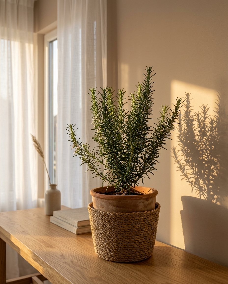 Rosemary photographed in a sunlit interior