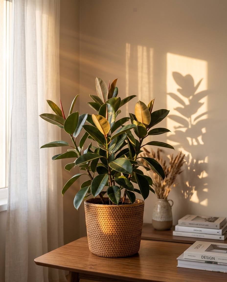 Rubber Plant in a sunlit Japandi interior — Ficus elastica potted on a warm wooden table