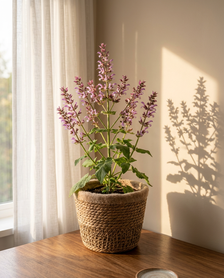 Garden sage photographed in a sunlit interior on a kitchen windowsill