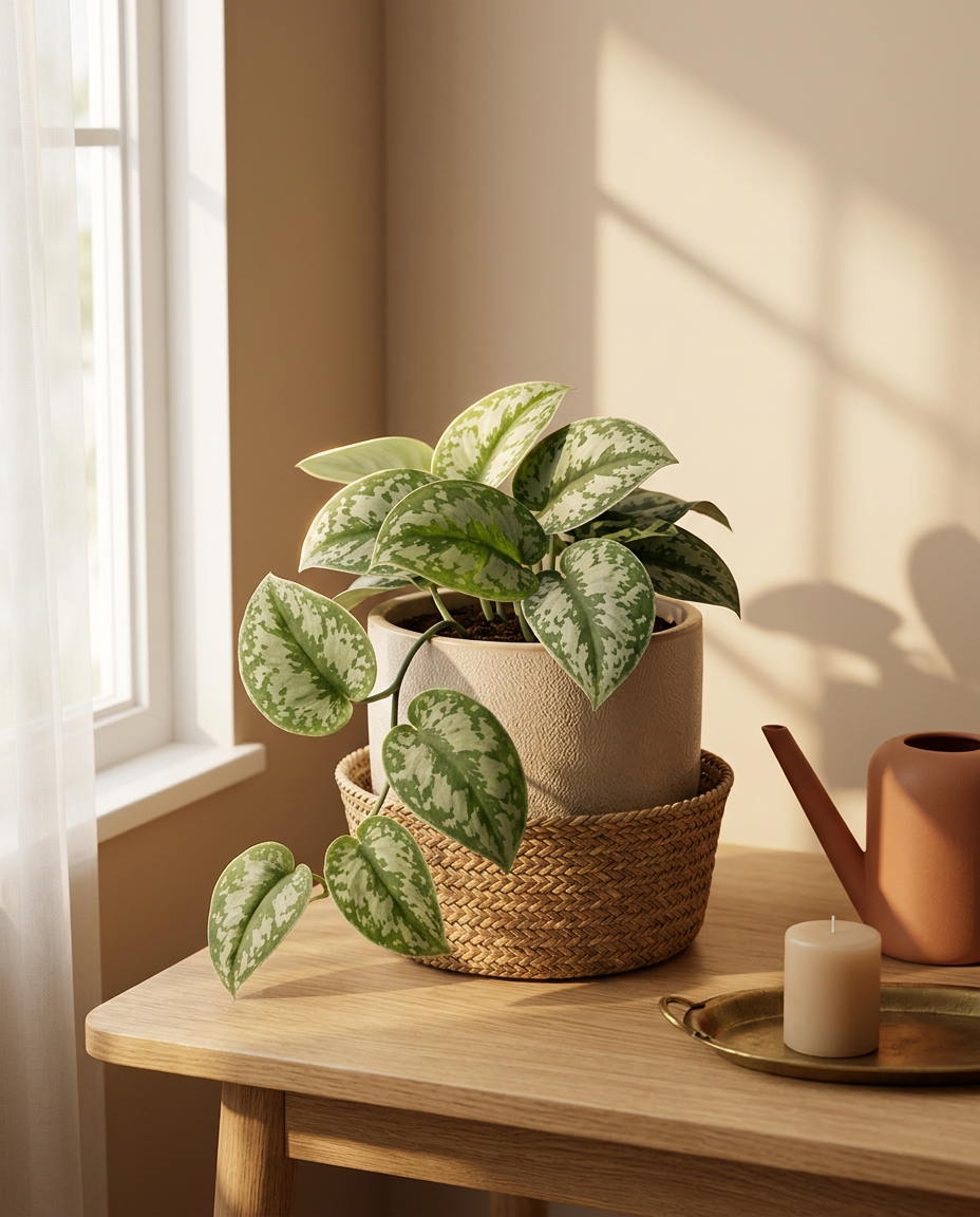 Satin pothos photographed trailing from a wooden bookshelf in a sunlit interior