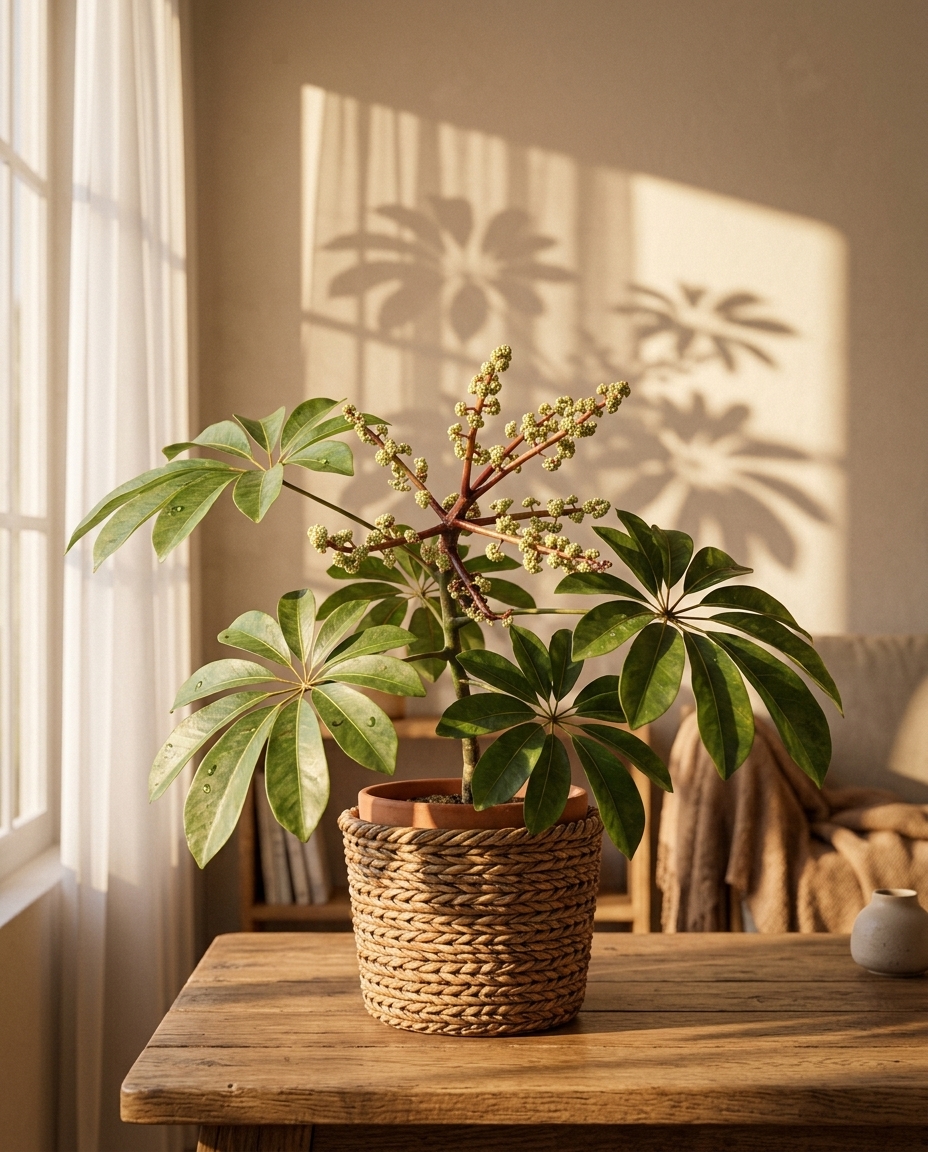 Schefflera photographed in a sunlit interior in a tall pot