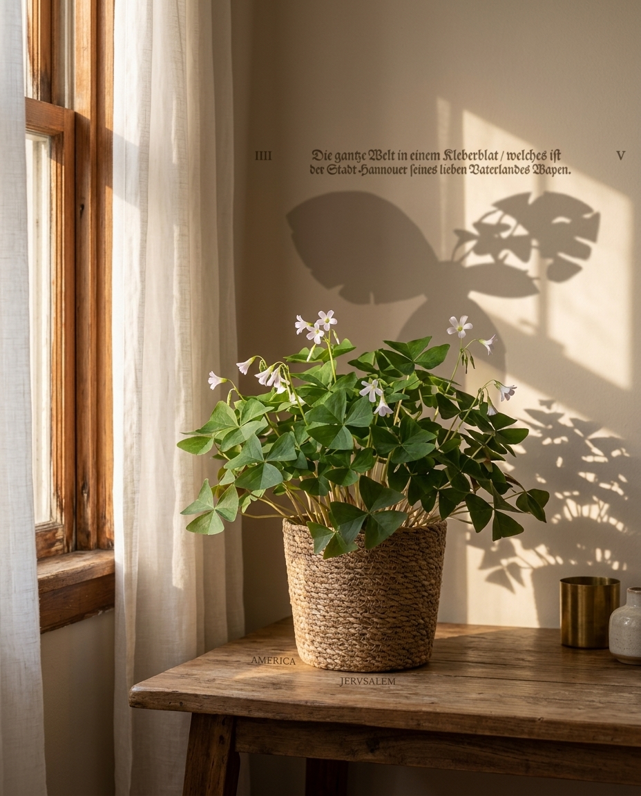 Shamrock plant photographed in a sunlit interior in a small ceramic pot on a windowsill