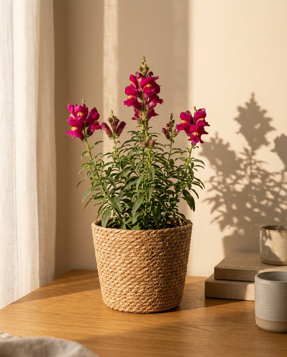 Snapdragons photographed in a sunlit interior in a tall glass vase
