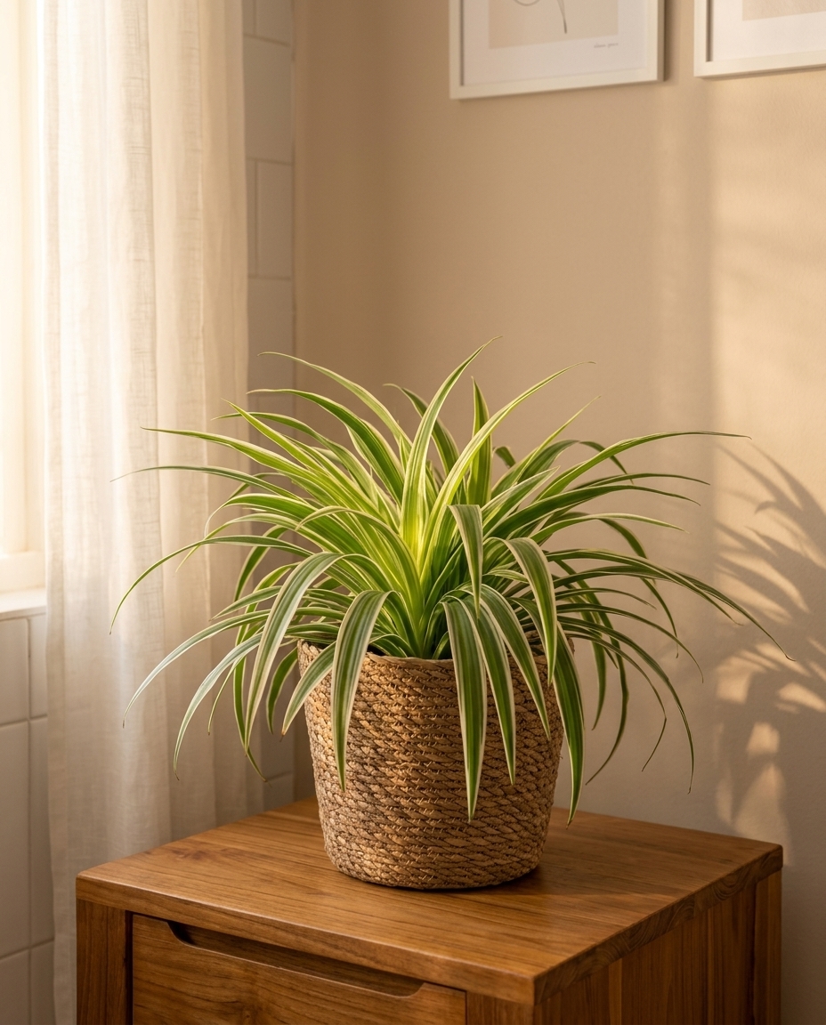 Spider Plant in a sunlit Japandi interior — Chlorophytum comosum potted on a warm wooden table